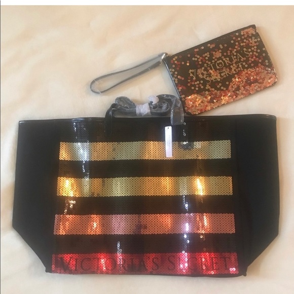 New Victoria’s Secret large Striped Sequin Weekender tote bag with Pouch Black - Picture 4 of 7